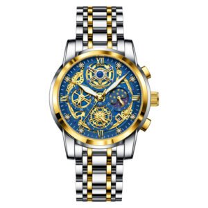 Swiss Brand Luxury Hollow Mens Watch – P984 men's model with stylish gold, silver, and black steel belts in various dial colors.
